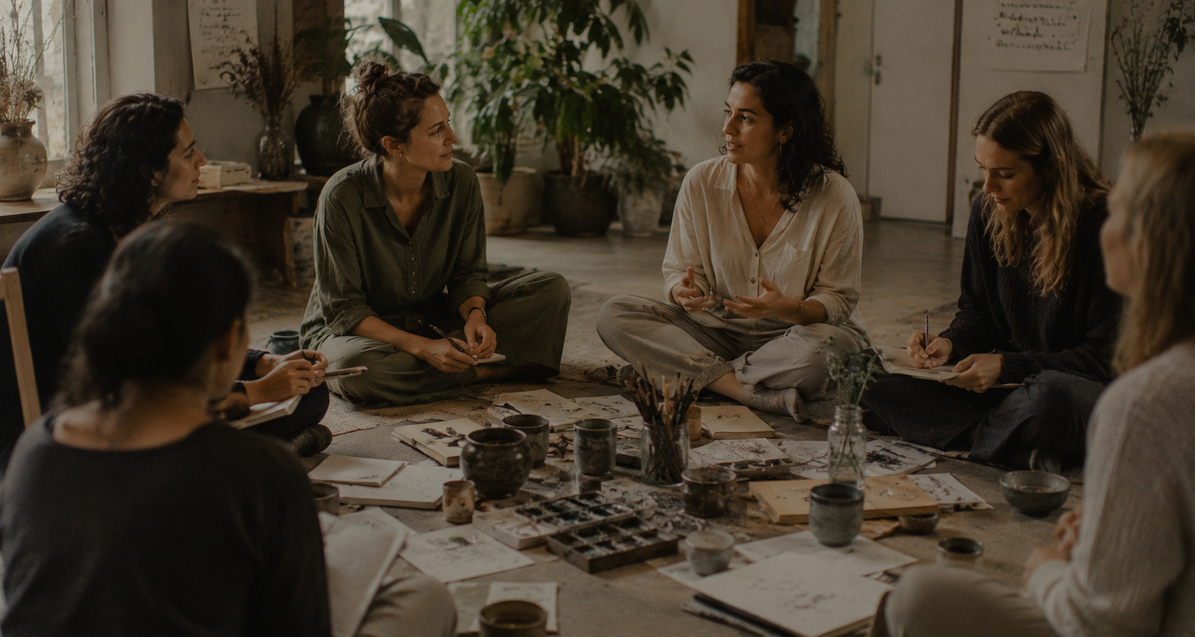 Small group sitting in a circle with journals and art materials