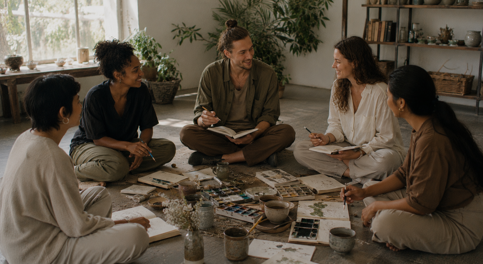 Small diverse group sitting in a circle with journals and art materials