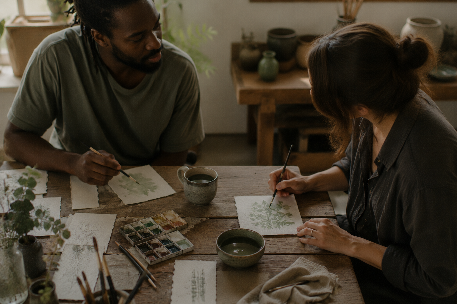 Two people painting botanical watercolor studies together at a wood table