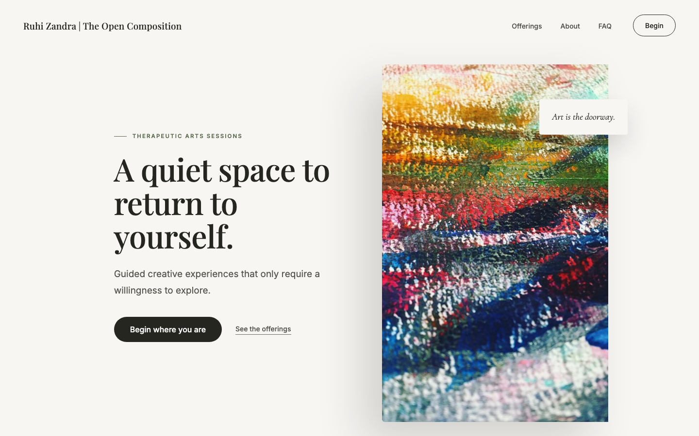 Ruhi Zandra homepage as it appears today: a serif headline reading 'A quiet space to return to yourself' beside an abstract painting