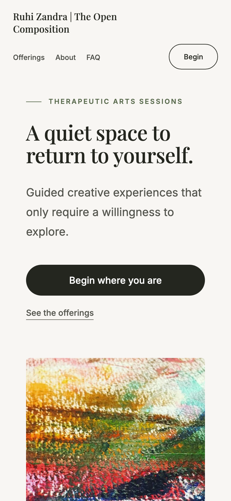 Ruhi Zandra homepage viewed on a mobile phone screen, showing the headline, subtext, a full-width button, and the hero artwork